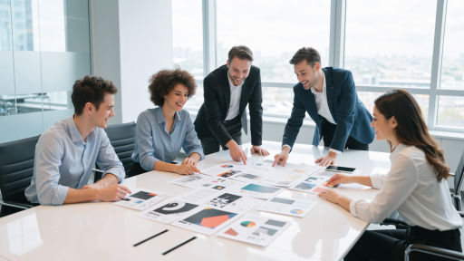 Business meeting between international buyer and Yiwu supplier, showing professional discussion about product specifications and quality requirements, modern conference room setting with product samples displayed, collaborative business relationship building