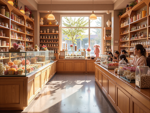 Yiwu small commodity market showcase of colorful gift items and novelty products, featuring decorative ornaments and unique presents, organized display of creative gift ideas and promotional items, vibrant gift shop inventory, authentic market setting