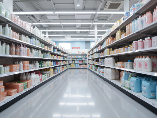 Yiwu small commodity market display of various home goods and kitchenware items, showing colorful array of household products, organized retail shelves with home accessories, vibrant home decor items and practical kitchen utensils, authentic market environment