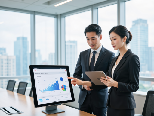 Professional business environment showing experienced sourcing consultant working with client, modern office setting with computer displays showing supplier information and product catalogs, collaborative workspace with business documents and communication tools, demonstrating professional business relationship